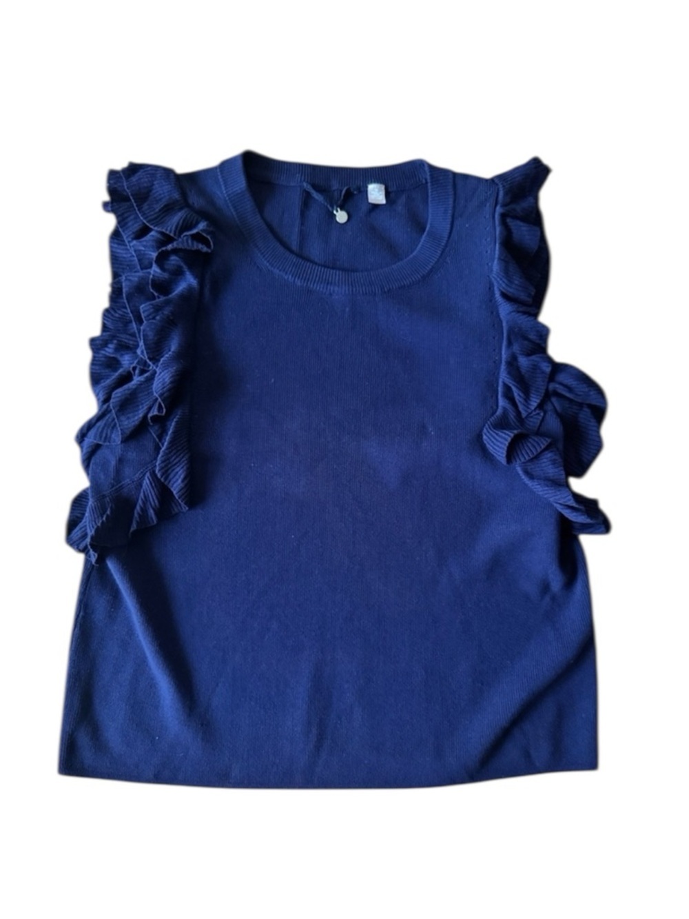 Knitted & Knotted Anthropologie Medium Navy Ribbed Ruffle Top Knit Sweater